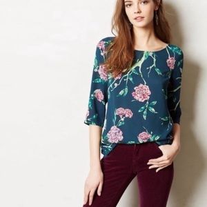 HD IN PARIS / ANTHROPOLOGIE Deep Teal Floral Eira Top - Sz 0